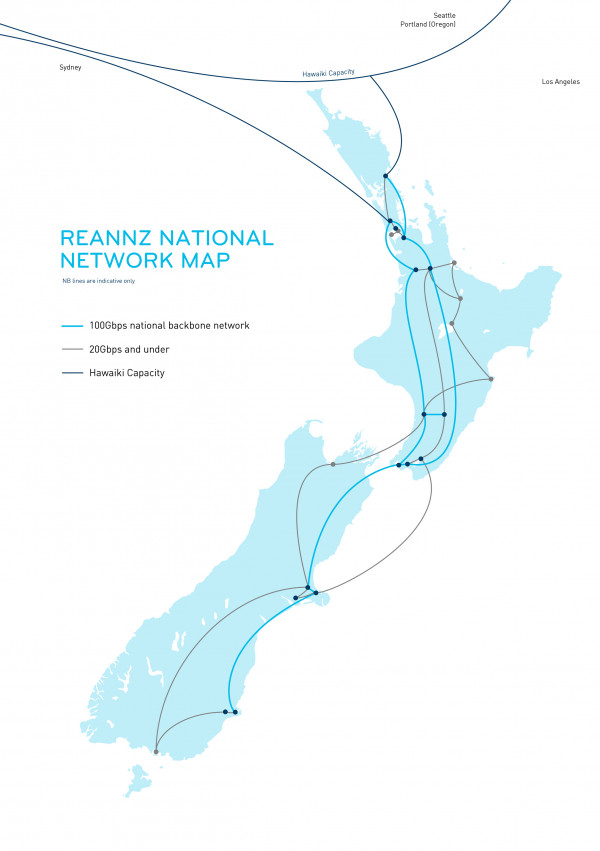 Map of New Zealand showing REANNZ national network Points of Presence (PoPs)